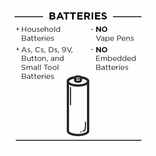 Batteries: Household batteries, such as As, Cs, Ds, 9V, Button, and small tool batteries are accepted. No vape pens or embedded batteries.