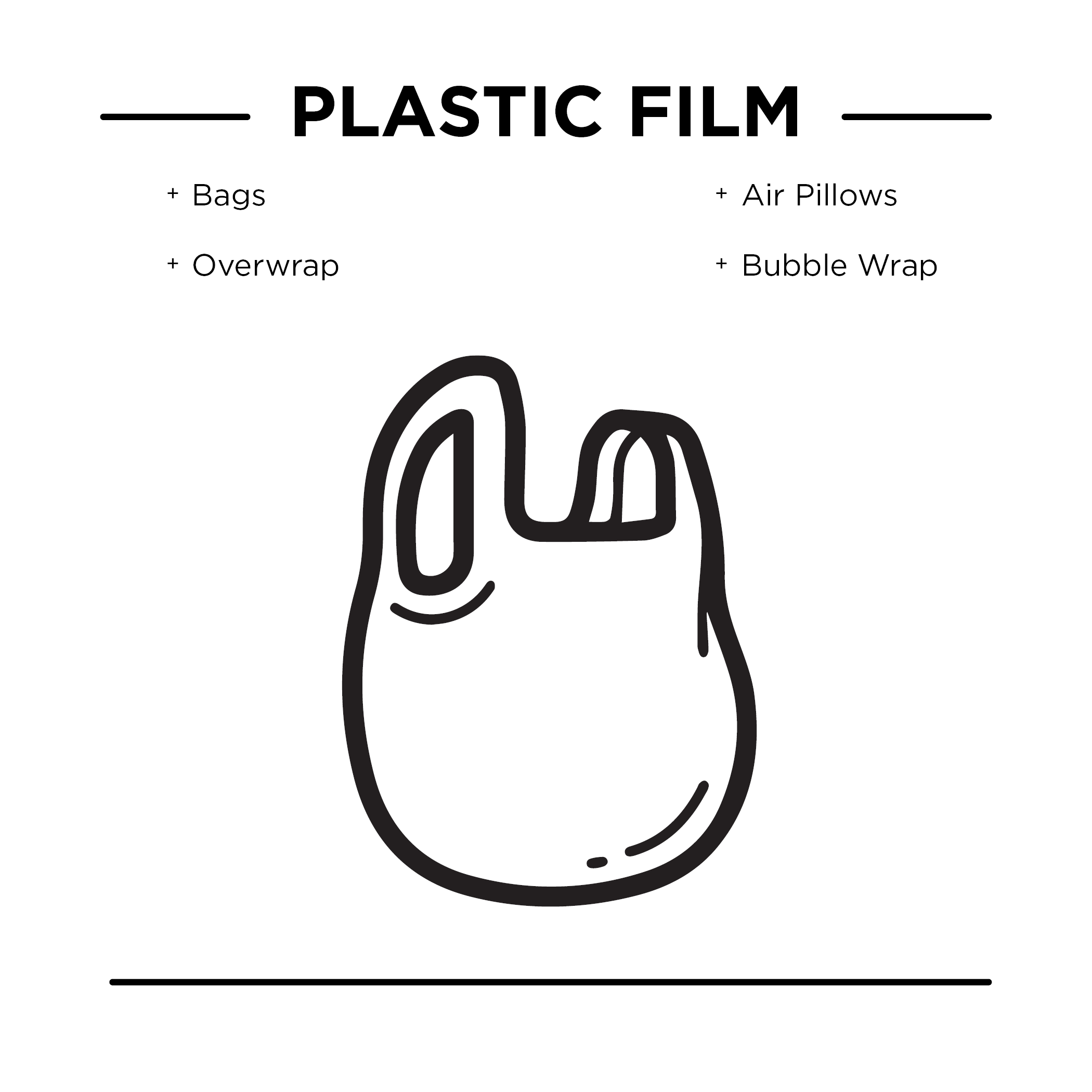 Plastic film, including bags, overwrap, air pillows, and bubble wrap.